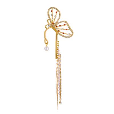 China 2022 New Tassel Butterfly Ear Bone Clip Fashionable Fengsen Super Fairy Crystal Female Cool Pearl Long Single Ear Clip Without Ear Hole for sale