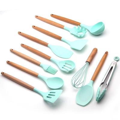 China Sustainable Hot Kitchen Ware Silicone Utensil With Wooden Handles Kitchen Ware Set for sale