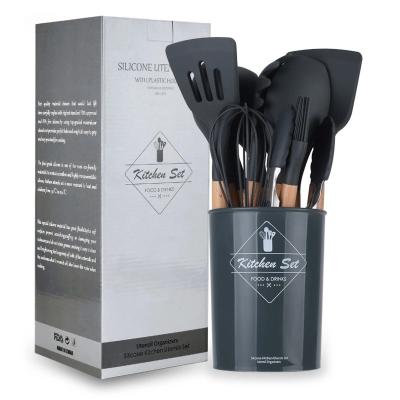 China Sustainable 12 Pieces In 1 Set Silicone Kitchen Tools Accessories Cookware Sets With Wooden Handles for sale