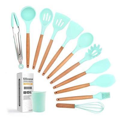 China Sustainable Hot Sale Kitchenware Silicone Utensil With Wooden Cooking Tools Utensil Set for sale