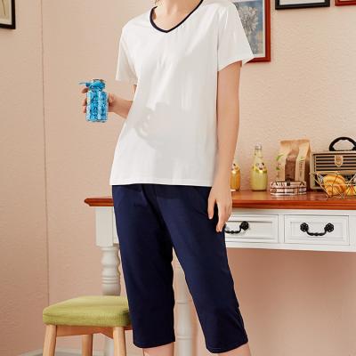 China Comfortable Breathable Promotions Qianxiu Sleepwear Pajamas Set For Women Summer Capri Cotton Knitted Pajamas Set Women for sale