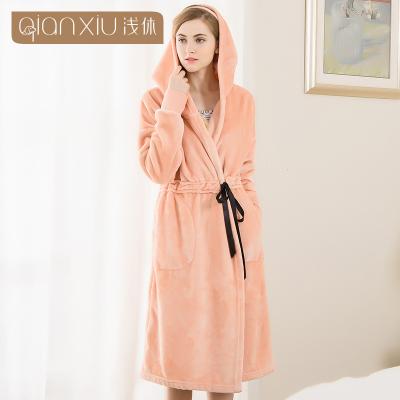 China Winter Flannel Thermal Bathrobe For Women Plush Thermal Hooded Long Robes Women Sleepwear Bathrobe Luxury Bathrobe Long for sale