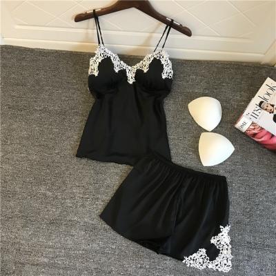 China Summer Breathable Hot Sexy Nightgown Sleep Wear Women Night Wear Sleepwear 2 Pcs Silk Satin Pajamas for sale