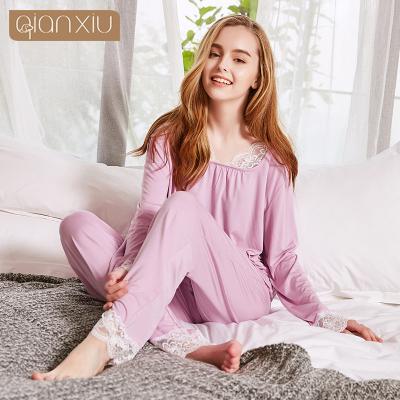 China Factory direct breathable women's long sleeved pajamas set bamboo fiber soft home wear night suit for two piece pajama set sleep woman for sale