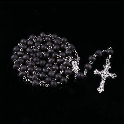 China NEW FASHIONABLE Wooden Antique Cross Rosary Pendant Necklaces Jesus Saint Benedict Beaded Necklaces for Women Men Handmade Jewelry Gifts for sale