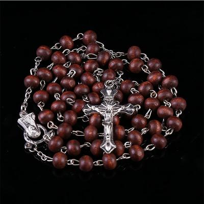 China NEW FASHIONABLE Wooden Antique Cross Rosary Pendant Necklaces Jesus Saint Benedict Beaded Necklaces for Women Men Handmade Jewelry Gifts for sale