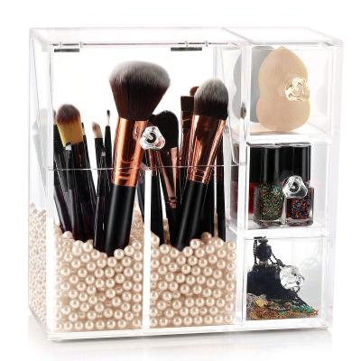 China Viable Wholesale Display Acrylic Makeup Brush Holder With Lid Pearl Storage Cosmetic Organizer for sale