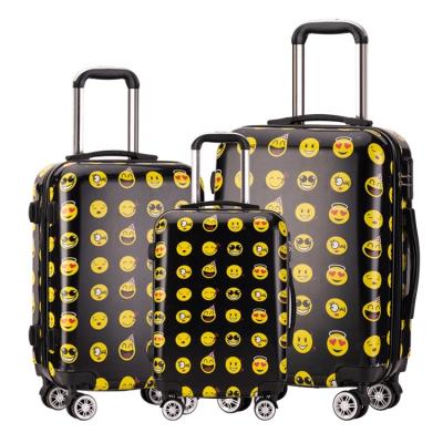 China Long-distance Travel ABS PC Printed Happy Face Suitcases Sets Cabin Medium Large Size 4 wheel Trolley Equipaje Luggage for sale