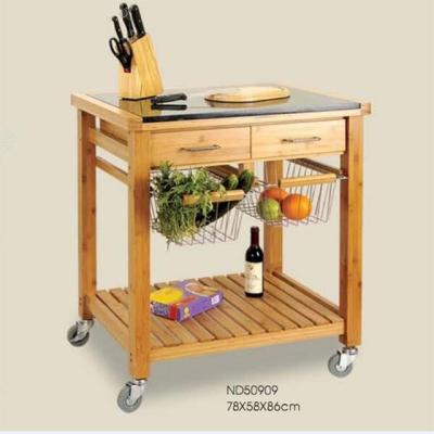 China Easy Clean Kitchen Vegetable Cart With Wheels Two-rows Bamboo Kitchen Cart With Marble Top Design for sale