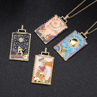 China FASHIONABLE Custom Rectangle Moon Star Sun Element Enamel Tarot Card 14K Gold Plated Pendant for sale