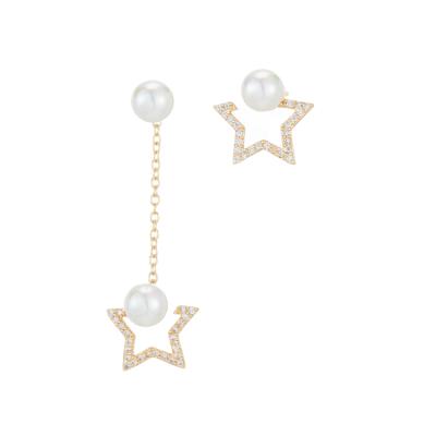 China TRENDY Fashion Asymmetry Star Earrings 14K Gold Plated Imitation Pearl Five-pointed Star Dangle Earrings for sale