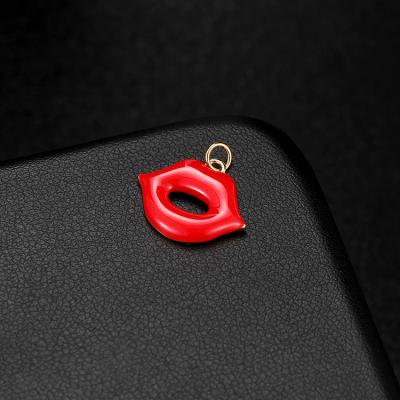 China FASHIONABLE Hot Sale Brass Red Lips Shape Pendants 14K Gold Plated Enamel Lips Charms for sale