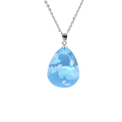 China Dry Flowers Water Drop Necklace Etsy Foreign Trade Blue Sky White Cloud Necklace Ball Resin Sky Cloud Luminous Ornament for sale