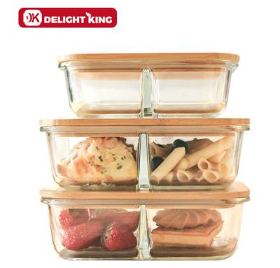 China BPA Free Microwavable Bamboo Lid High Borosilicate Glass Food Container Eco-Friendly With Compartment/2 Or 3 Compartment Glass Food Container for sale