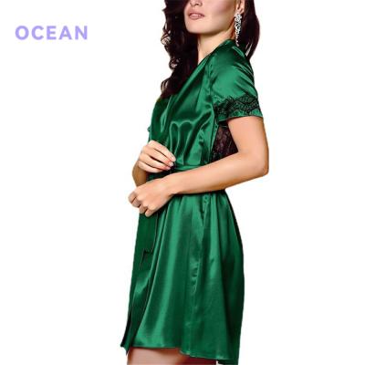 China Amazon Selling Green Women's Hot QUICK DRY Nightgown Homewear Bandage Silk Short Sheathed Cardigan Lace Satin Nightgown for sale