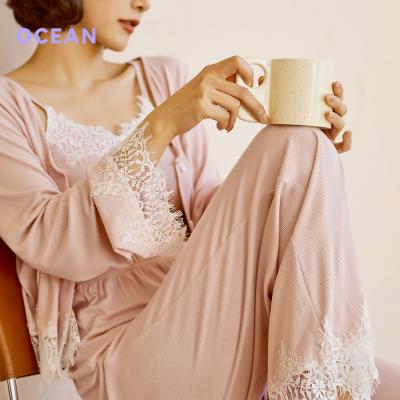 China 2022 Amazon Sale Women Nightgowns QUICK DRY Hot Pink Three Piece Set Sleepwear Pajamas Long Sleeves Lace Up Strap Homewear for sale