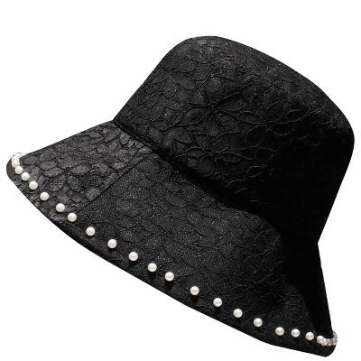 China Fashion Sunshade Breathable Fisherman Hat Summer Women Wide Brim Pearl Lace Checked Bucket Hats for sale