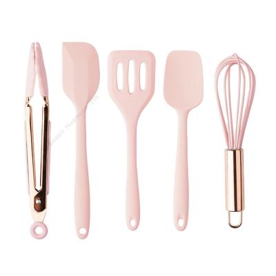 China Elegant Viable Electroplate Rose Gold 5 Piece Silicone Kitchenware Nonstick Heat Resistant Utensils Set for sale