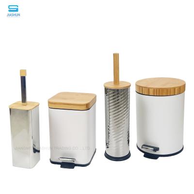 China 2021 Mode Sustainable Bamboo Dust Bin Lid Metal Round Square And Toilet Brush Holder Set for sale