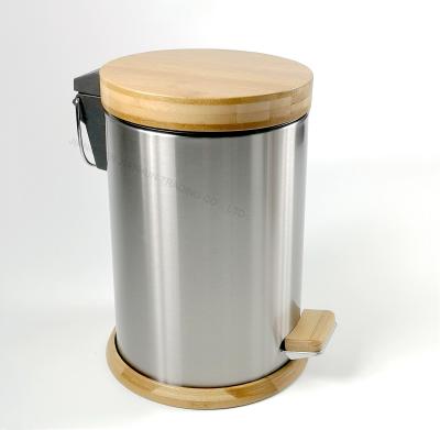 China Sustainable Fashion High Quality Stainless Steel 5L Lid Foot Pedal Trash Can Bamboo Bin For Home for sale