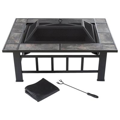 China Stocked Fire Pit Table 37inch Square Outdoor Wood Burning Fireplace With Spark Screen Waterproof Cover Poker for sale