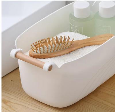 China Stocked Recycled Plastic Medium Size Storage Vegetable Snack Box Basket Bucket With Wooden Handle Living Room Bathroom Kitchen for sale