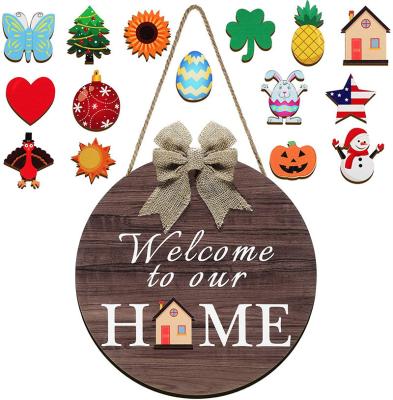 China Eco-friendly Christmas Decoration Wooden Round Door Plaque Ornaments Home Wooden Door Hanging Wall Hanging for sale