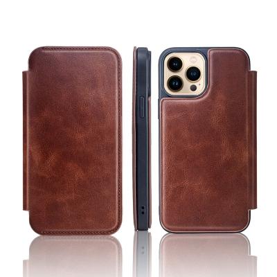 China Retro real business unique brown cow flip wallet emf leather cell phone case with card holder for iphone 12 13 pro max for sale