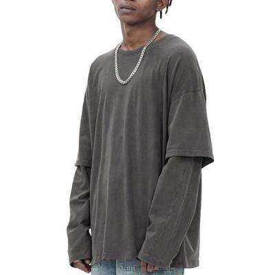 China Vintage Layered Long Sleeve T-shirts Men's Anti-pilling Washed Cotton Double Layer Hip Hop Single Empty Tee Shirt for sale