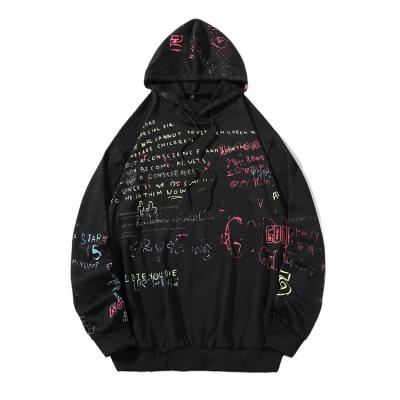 China 2021 Hand Painted Street Autumn Winter Trendy Hip Hop Anti-pilling Black Hoodie Men's Black Sweatshirt With Hood for sale