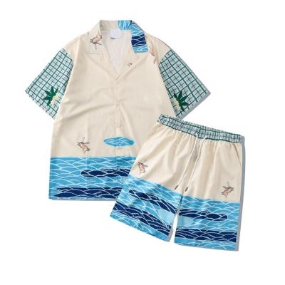 China Anti-pilling Sea Sky Printed Summer Blue Casual Shirt And Shorts 2 Piece Beach Sets Printed Hawaiian Set Men for sale