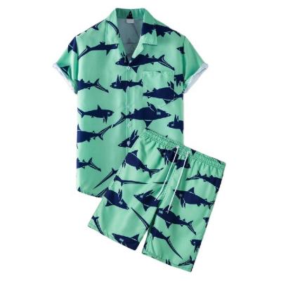 China Anti-pilling Hawaiian Loungewear Men Button Up Shirt And Shorts Fish Print Panel Clothing Summer Beach 2 Piece Sets for sale