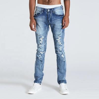 China Sustainable Wholesale Casual Style Indigo Denim Pants Mens Slight Stretch Urban Ripped Skinny Jeans for sale