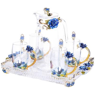 China Sustainable Enamel Colored Glass Tea Set Pot Glass Tea Cups Juice Pot Water Glass Cups for sale