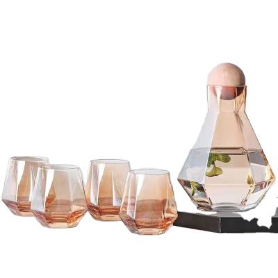 China Viable Diamond Shaped Glass Jug Set Glass Hexagonal Cup Crystal Glass Pitcher With Wooden Ball Lid for sale