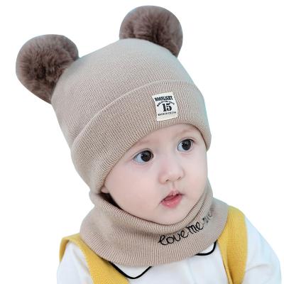 China European and American Style Babies 2 Piece Baby Beanies Hat Set Infant Kid Solid Color Plush Ball Hat and Scarf Set for Newborn Hat for sale