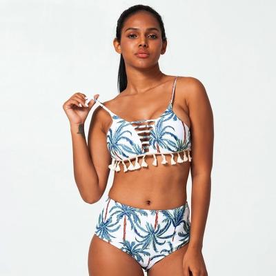 China 2021 New Breathable Women Bikini Set Tassel Print Launch Sexy 2 Piece Swimsuit Lift Up High Waist Bikini Sandy Beach Suit for sale