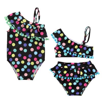 China 2021 Summer Breathable Girls Color Dot Swimwear Kids Swimsuit Pool Off Shoulder One-Piece 2 Piece Kids Bikini Set for sale