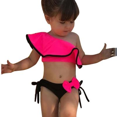 China 2021 Girls Kids Summer Swimming Pool Ruffle Shoulder Candy Color Breathable Butterfly Split 2 Piece Kids Swimwear Bikini Set for sale