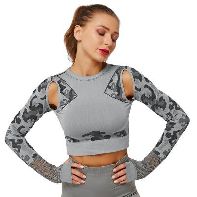 China Breathable Seamless Yoga Tops Sexy Women Sports Tops Long Sleeve Workout Clothes Camouflage Top Running Fitness Crop T-Shirt Quick-Drying for sale