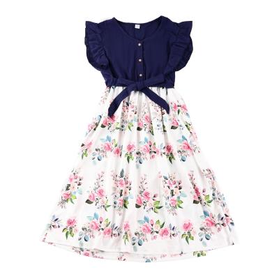 China Family Matching Clothes Breathable Family Mom And Girl Dress Fly Sleeve Style Parent-child Outfit Soft Floral Print Splice Baby Romper for sale