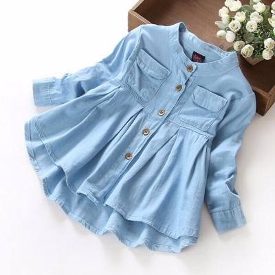 China Washable Girls Dress Toddler Kids Babies Long Sleeve Pleated Lightweight Button Down Denim Dress Little Kids Clothes 2-7Y for sale