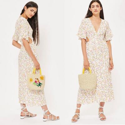 China Summer Boho Style V neck Sexy Dress Floral Dress Long Midi for sale