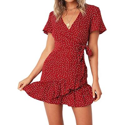 China Wholesale Short V-Neck Print Sleeve Women Summer Wrap Closure Short Dresses Anti-Wrinkle Short Casual Dresses for sale