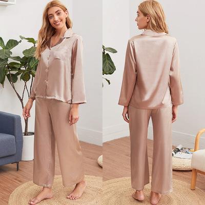 China Hot Sale Customized Long Sleeve Solid Long Pants Breathable Stain V-neck Pajamas Set Sleepwear for sale