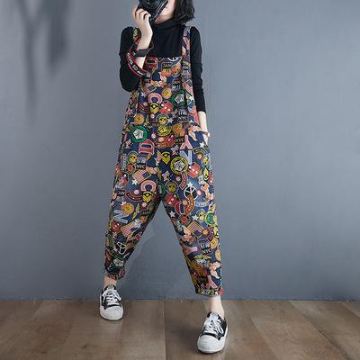 China Breathable customized 2021 new style cartoon print denim jumpsuits plus size loose women jeans for sale