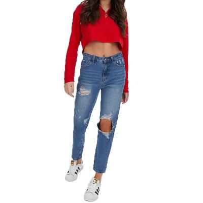 China QUICK DRY High Waist Destroyed Friend Jeans Women Denim Pants for sale