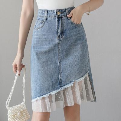 China Customized breathable lace patchwork women's high waist women's denim a-line skirt for sale