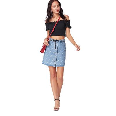 China Customized anti-static print women's clothing package buttocks high waist denim one line women's short skirt for sale