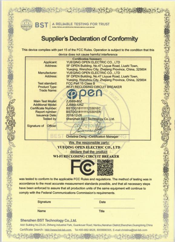 FCC - Yueqing Open Electric Co., Ltd.